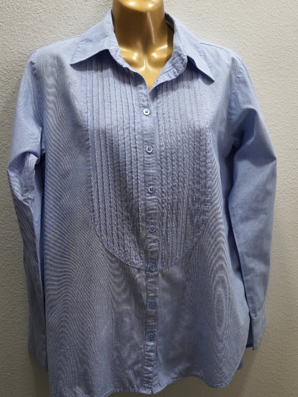 Cabi Blue Pintuck Bib Front W/Button Detail Back Tunic Blouse size M